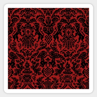 Black on Red Gothic Weird Medieval Lions, Cherubs, and Skulls Scrollwork Damask Sticker